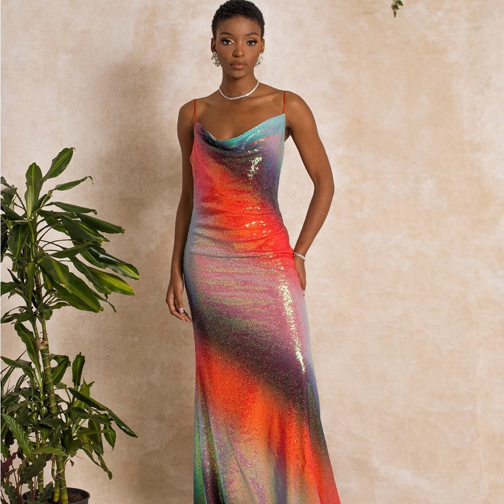 NWT GLAZE OMBRE SEQUIN COWL NECK DRESS